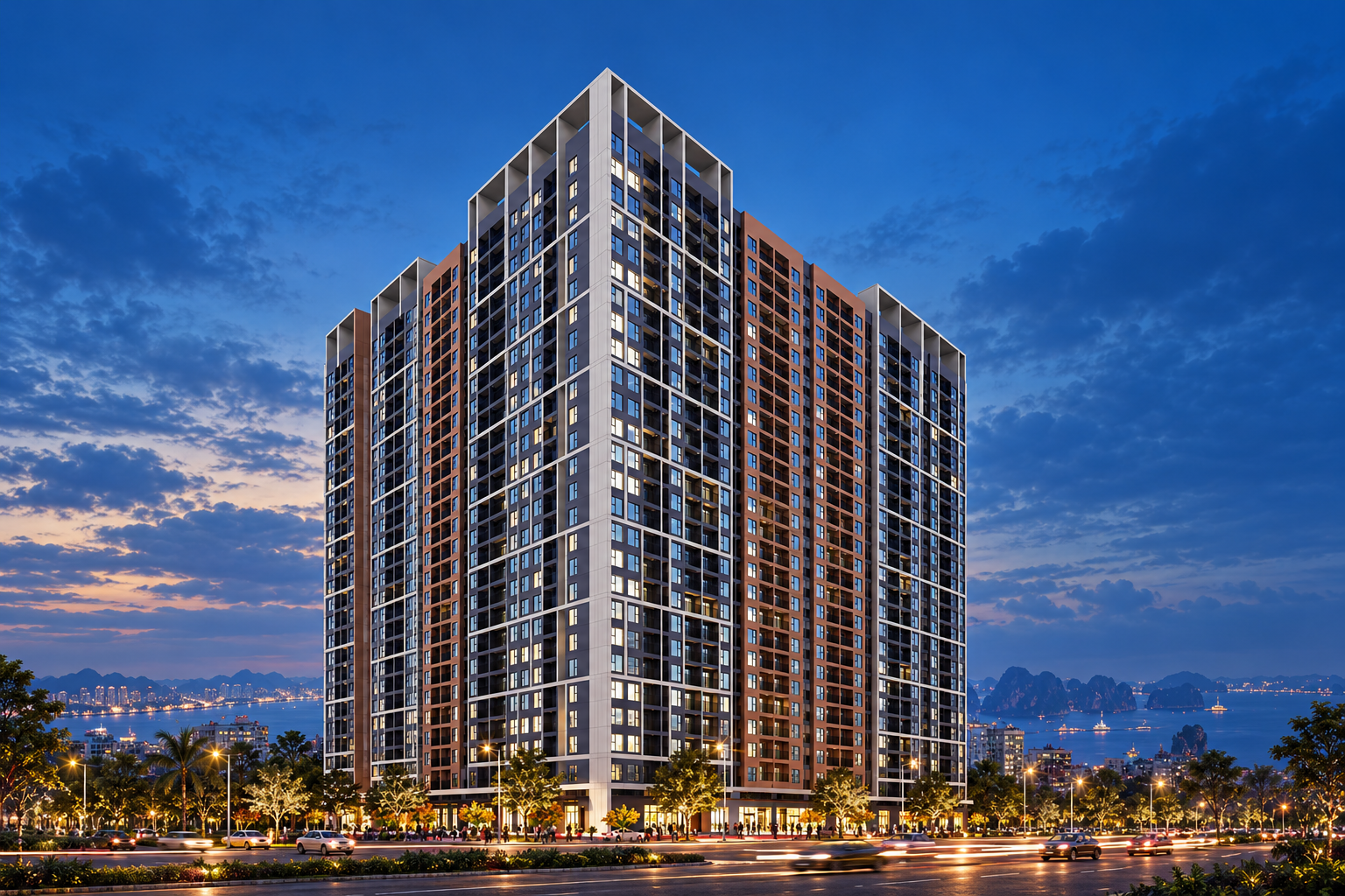 Phối cảnh AI minh họa tòa B Marina Living Halong lúc chạng vạng
